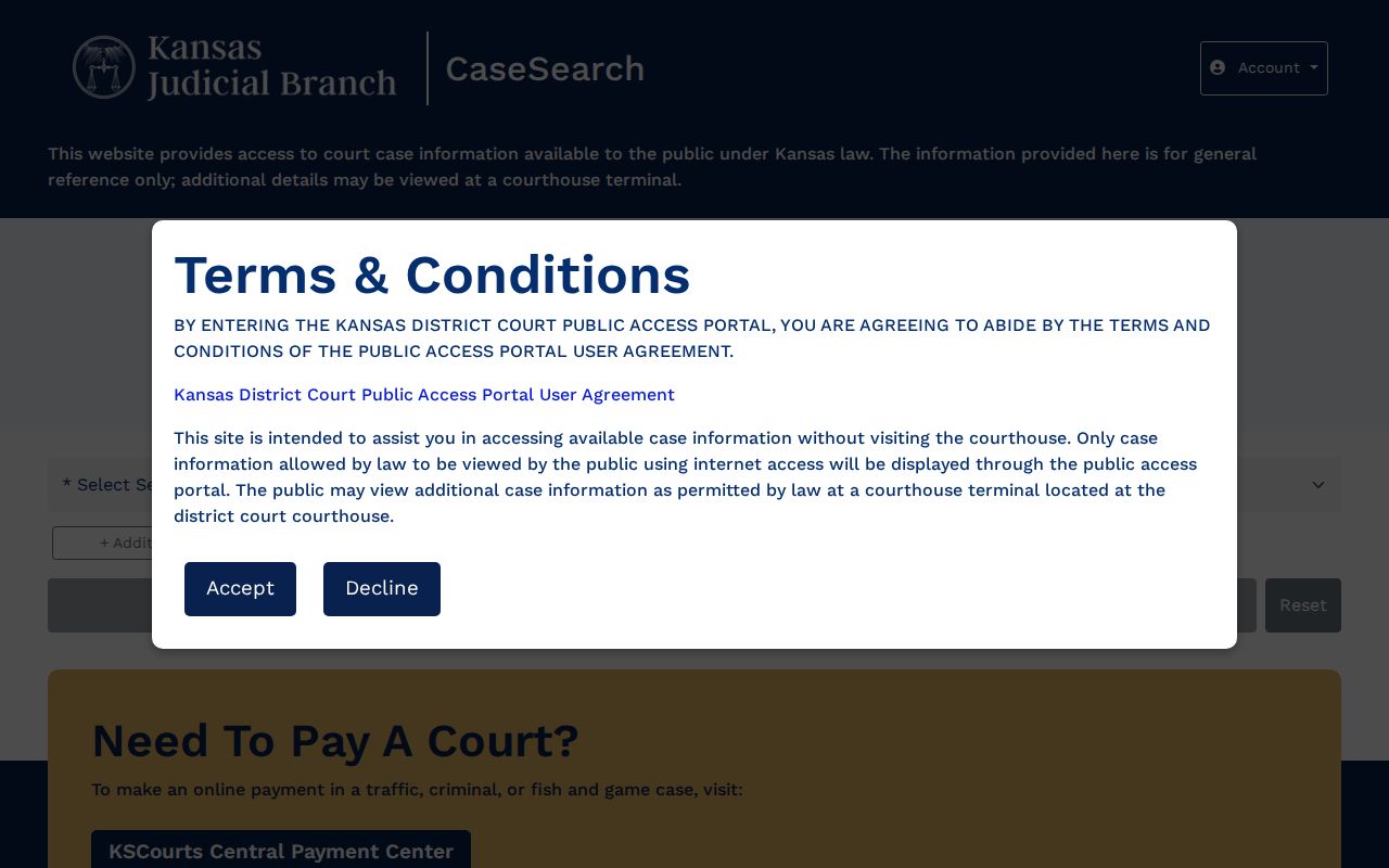 Kansas CaseSearch form for Ford County release orders and criminal records