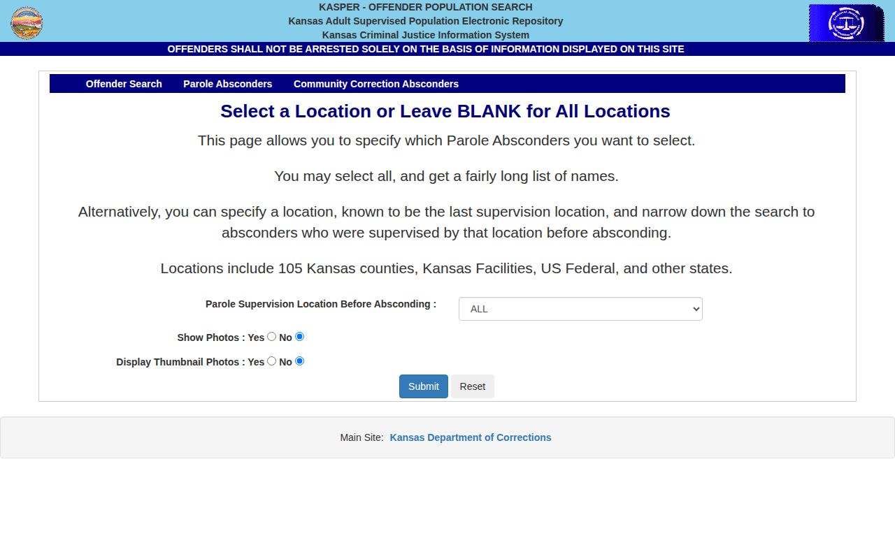 KASPER filters for Ford County parole absconder records