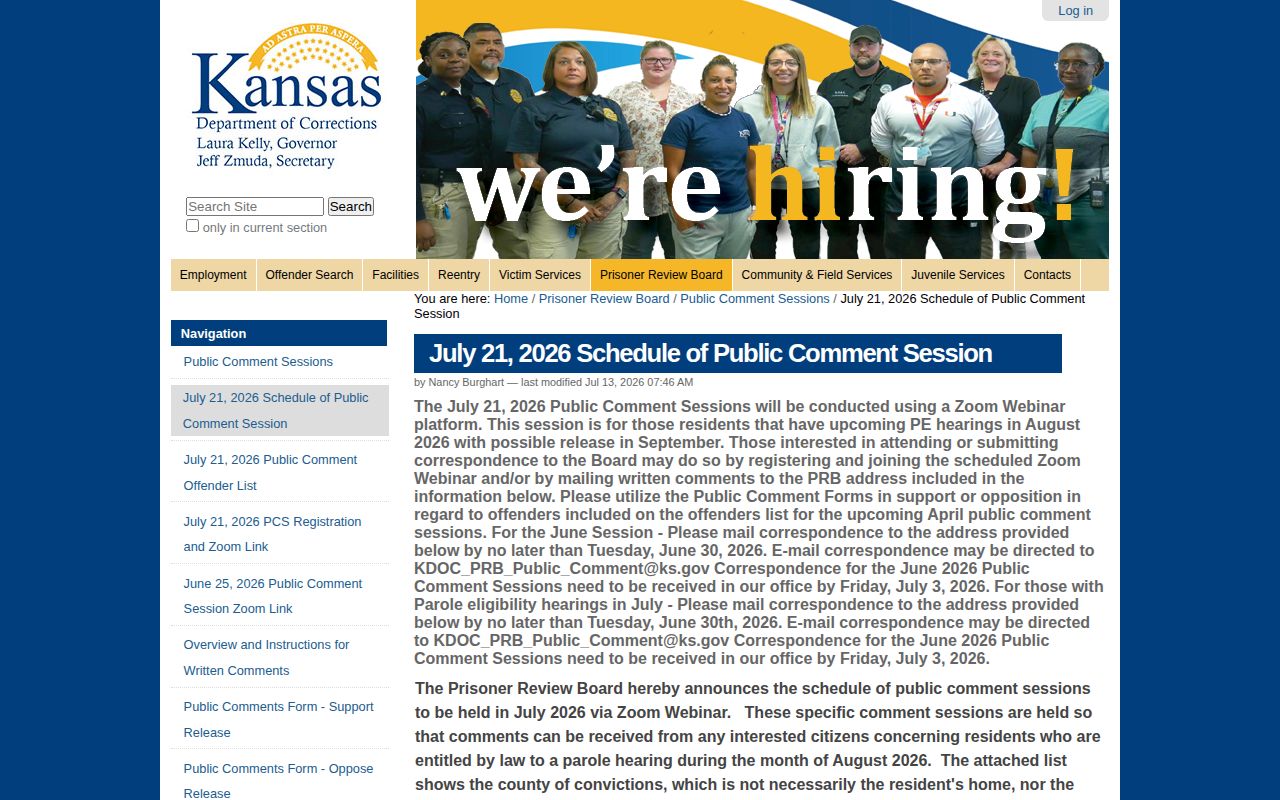 Kansas Prisoner Review Board schedule for Ford County parole review